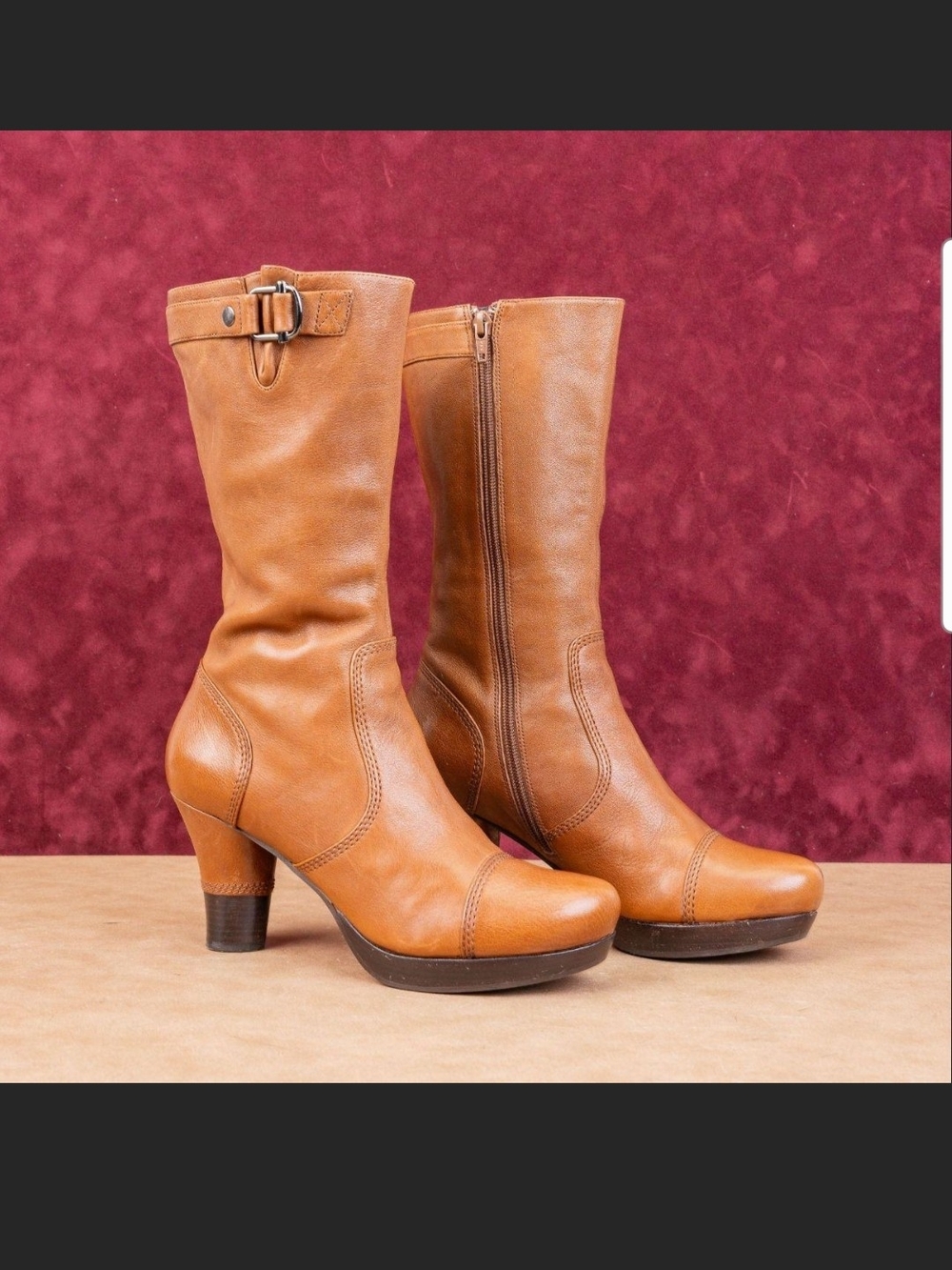 Biviel Women’s Vintage Cognac Mid-Calf Leather Boots With Circular Heel